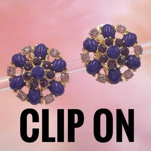 Purple Flower Rhinestone Clip On Earrings